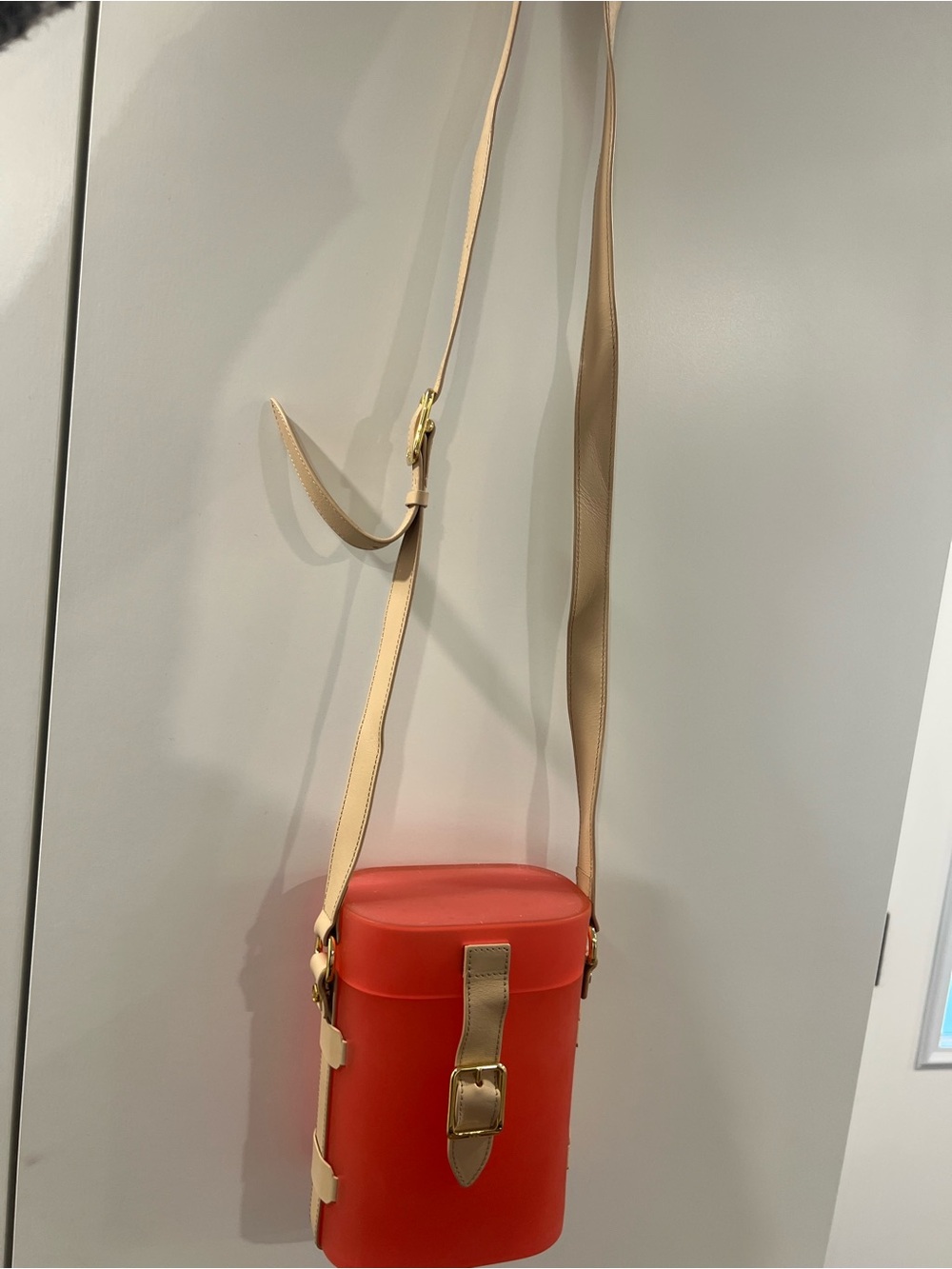 Red Crossbody Cylinder Bag with Beige Strap
